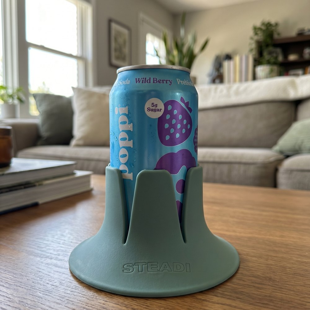A can standing in a sage Steadi on a wooden coffee table in a bright living room.